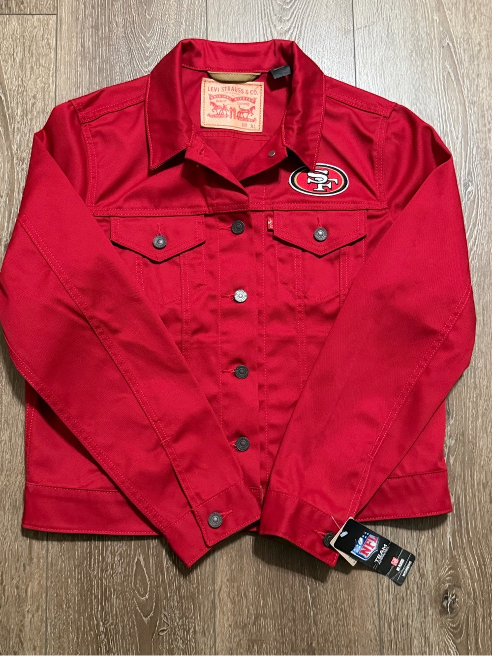 Levi's Red Denim Trucker Jacket with Team Patch